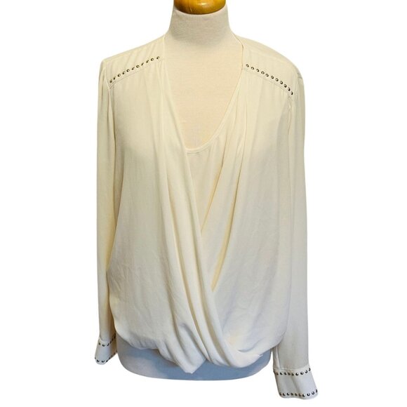 Cache Womens Cream V-Neck Studded Drape Blouse Size Large Coquette Office Siren - Picture 1 of 11